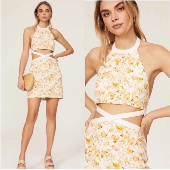 New Significant Other Ari Dress Rosalie Print Yellow Ditsy Floral Waist Cut Out - Picture 1 of 16